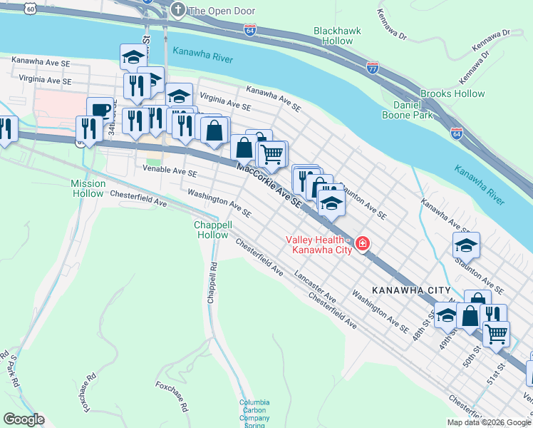 map of restaurants, bars, coffee shops, grocery stores, and more near 3920 Washington Avenue Southeast in Charleston