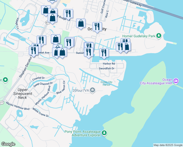 map of restaurants, bars, coffee shops, grocery stores, and more near 12710 West End Court in Ocean City