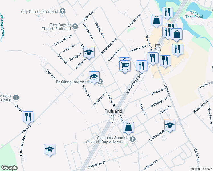 map of restaurants, bars, coffee shops, grocery stores, and more near 123 West Main Street in Fruitland