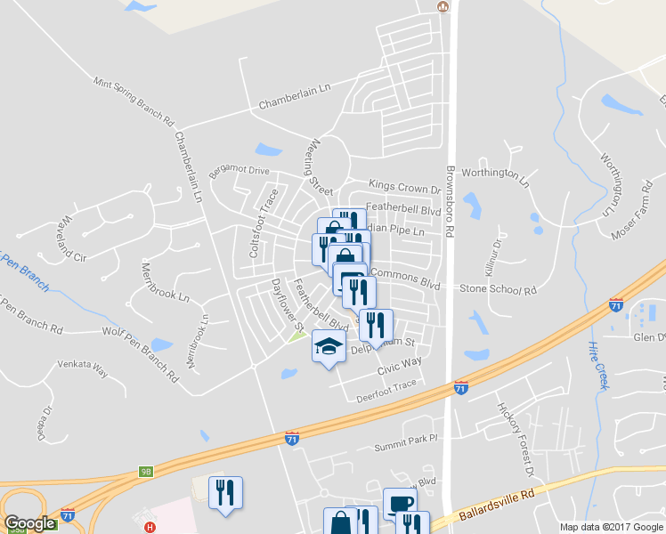 map of restaurants, bars, coffee shops, grocery stores, and more near 9416 Hobblebush Street in Prospect