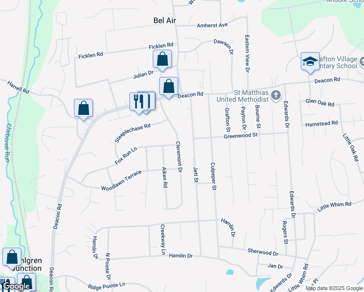 map of restaurants, bars, coffee shops, grocery stores, and more near 101 Cleremont Drive in Fredericksburg