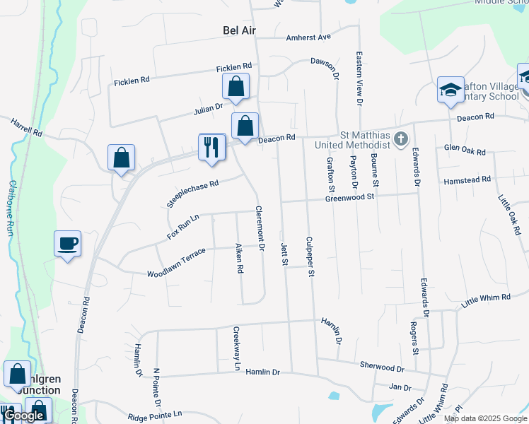 map of restaurants, bars, coffee shops, grocery stores, and more near 101 Cleremont Drive in Fredericksburg