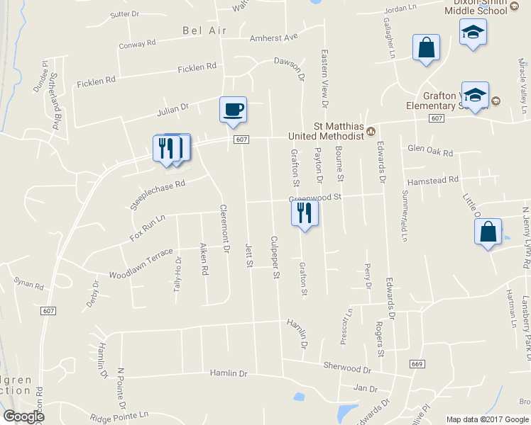 map of restaurants, bars, coffee shops, grocery stores, and more near 717 Culpeper Street in Fredericksburg