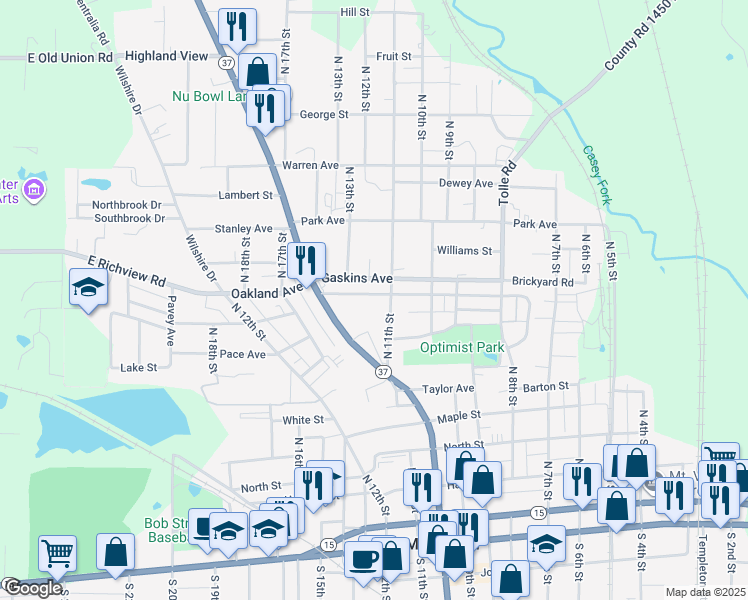 map of restaurants, bars, coffee shops, grocery stores, and more near 1109 Oakland Avenue in Mount Vernon