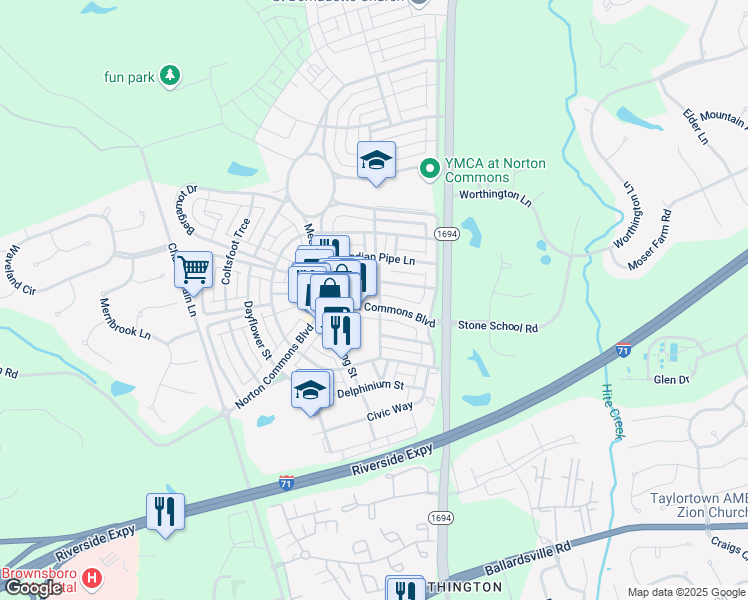 map of restaurants, bars, coffee shops, grocery stores, and more near 9509 Norton Commons Boulevard in Prospect