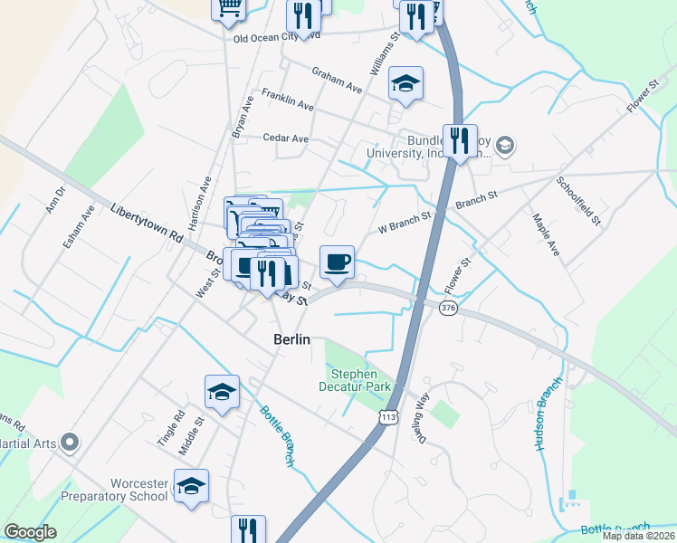 map of restaurants, bars, coffee shops, grocery stores, and more near 103 Branch Street in Berlin