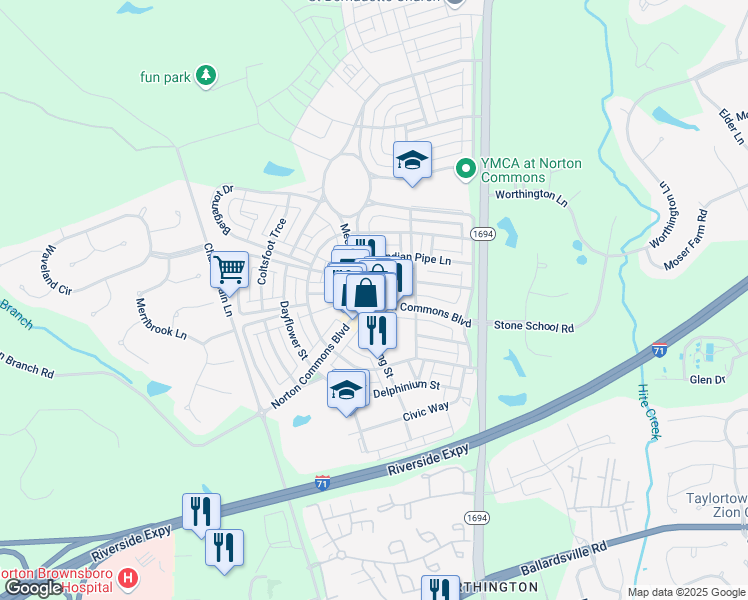 map of restaurants, bars, coffee shops, grocery stores, and more near 10701 Meeting Street in Prospect
