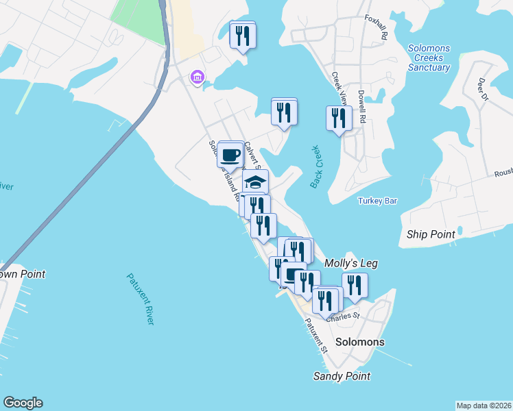 map of restaurants, bars, coffee shops, grocery stores, and more near 14400 Solomons Island Road South in Solomons