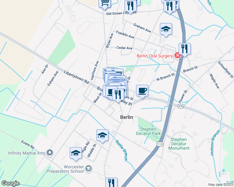 map of restaurants, bars, coffee shops, grocery stores, and more near 4 The Point in Ocean Pines