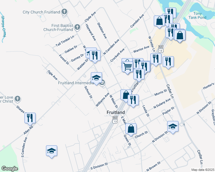 map of restaurants, bars, coffee shops, grocery stores, and more near 203 West Main Street in Fruitland