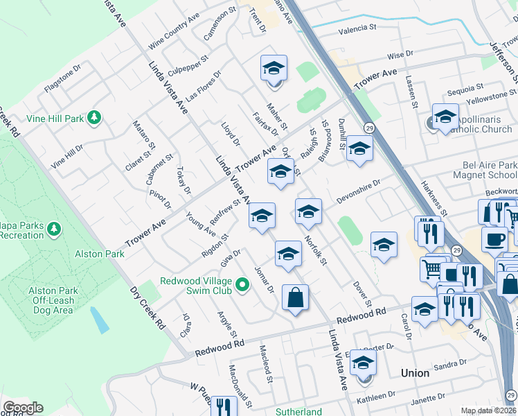 map of restaurants, bars, coffee shops, grocery stores, and more near 3873 Linda Vista Avenue in Napa