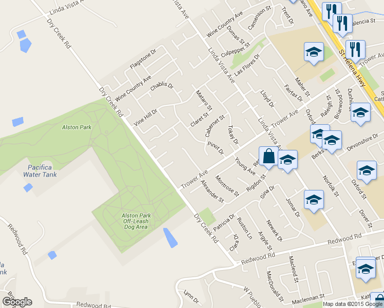 map of restaurants, bars, coffee shops, grocery stores, and more near 42 Dickerson Lane in Napa