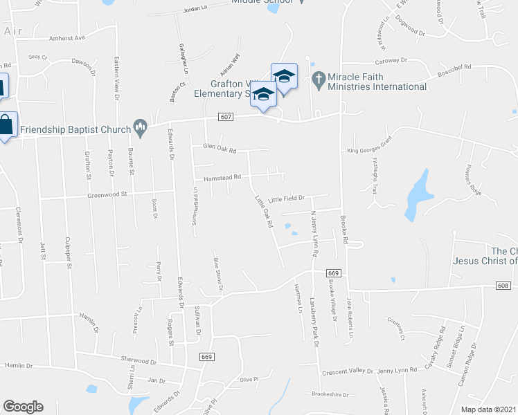 map of restaurants, bars, coffee shops, grocery stores, and more near 21 Little Oak Road in Fredericksburg