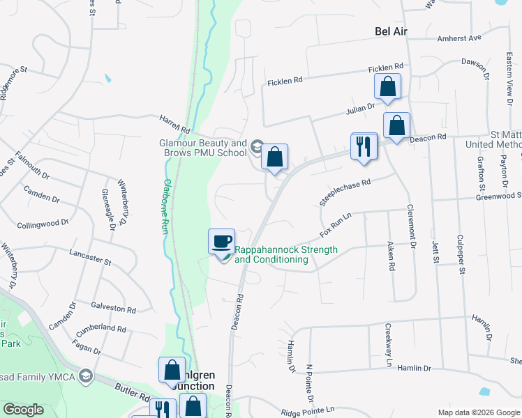 map of restaurants, bars, coffee shops, grocery stores, and more near 201 Deacon Road in Fredericksburg
