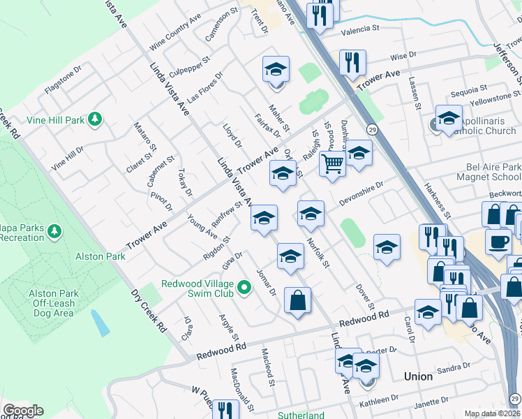 map of restaurants, bars, coffee shops, grocery stores, and more near 3873 Linda Vista Avenue in Napa
