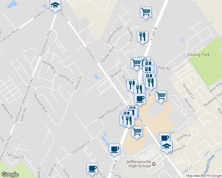 map of restaurants, bars, coffee shops, grocery stores, and more near 2975 Amanda Drive in Jeffersonville