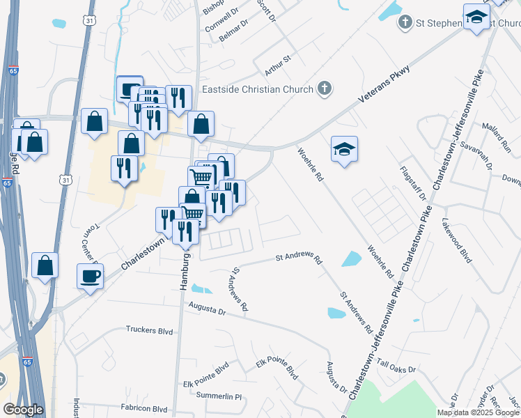 map of restaurants, bars, coffee shops, grocery stores, and more near 1906 Charlestown New Albany Road in Jeffersonville