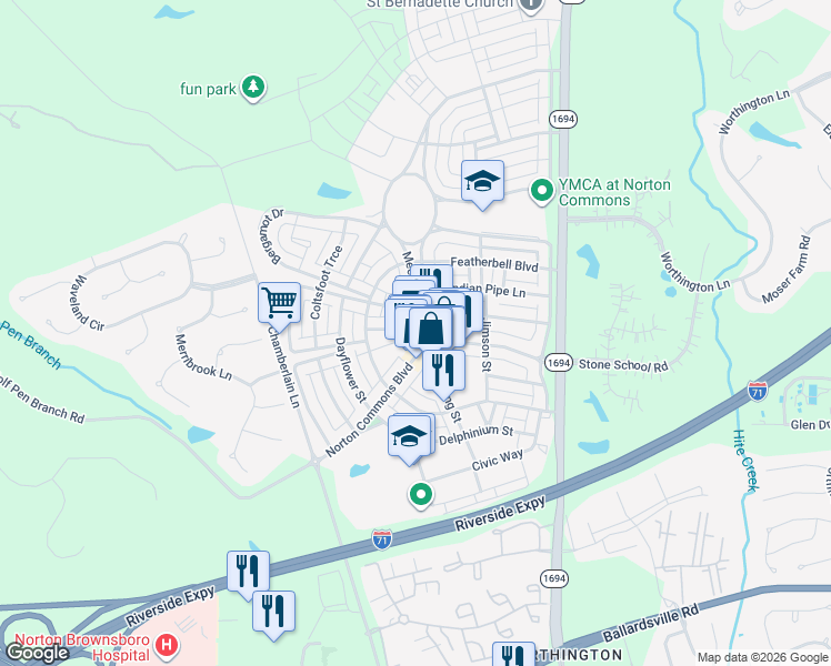 map of restaurants, bars, coffee shops, grocery stores, and more near 10708 Meeting Street in Prospect