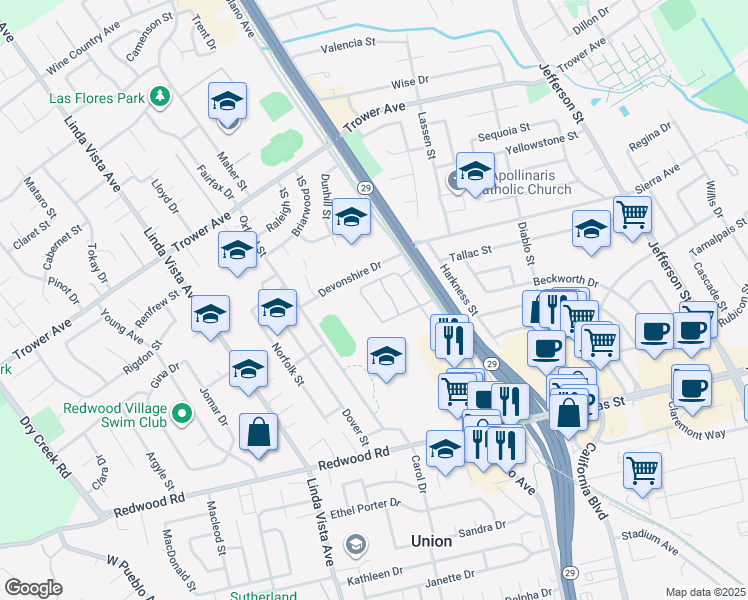 map of restaurants, bars, coffee shops, grocery stores, and more near 3663 Solano Avenue in Napa