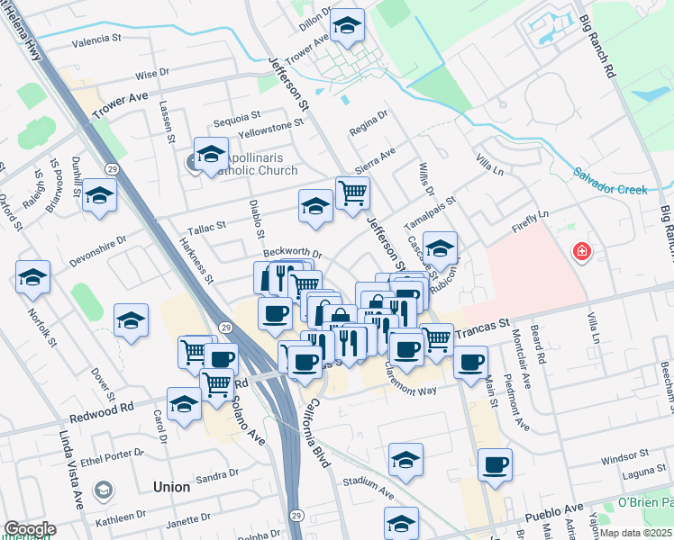 map of restaurants, bars, coffee shops, grocery stores, and more near 3557 Beckworth Drive in Napa