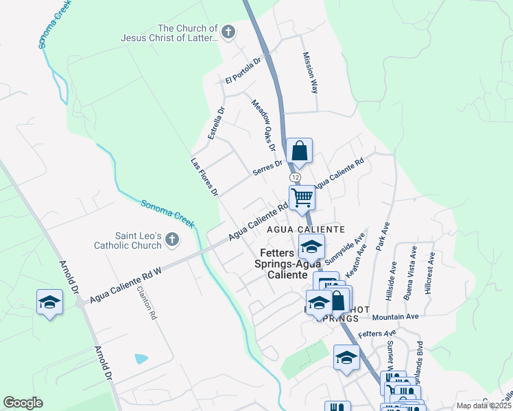 map of restaurants, bars, coffee shops, grocery stores, and more near 135 Agua Caliente Road West in Sonoma