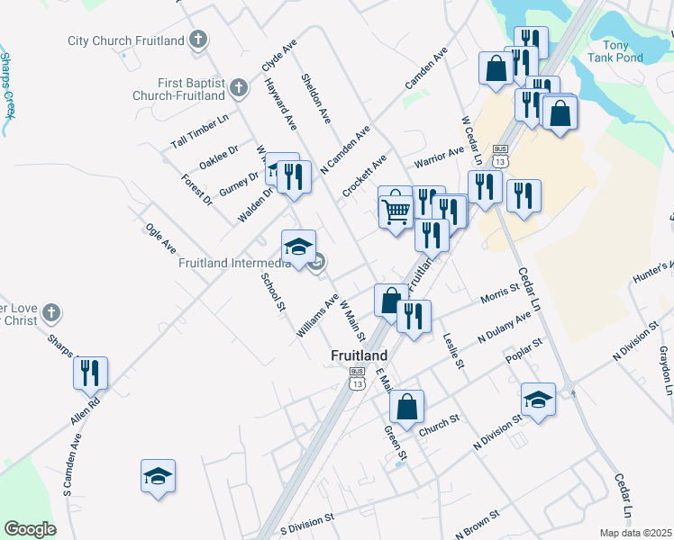map of restaurants, bars, coffee shops, grocery stores, and more near 203 West Main Street in Fruitland