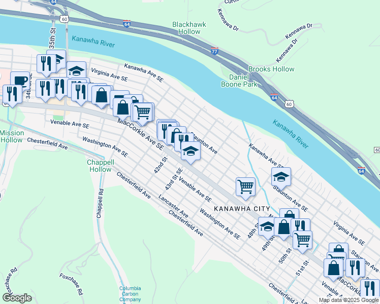 map of restaurants, bars, coffee shops, grocery stores, and more near 4217 Noyes Avenue in Charleston