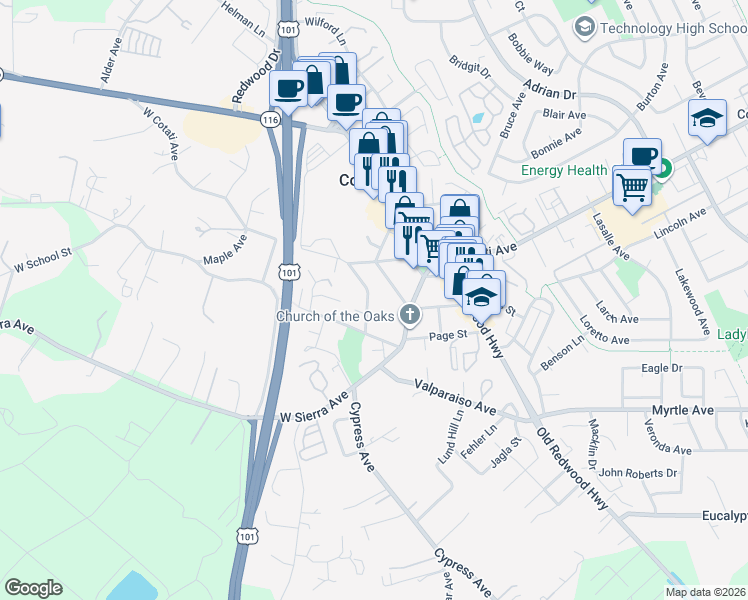 map of restaurants, bars, coffee shops, grocery stores, and more near 8224 El Rancho Drive in Cotati