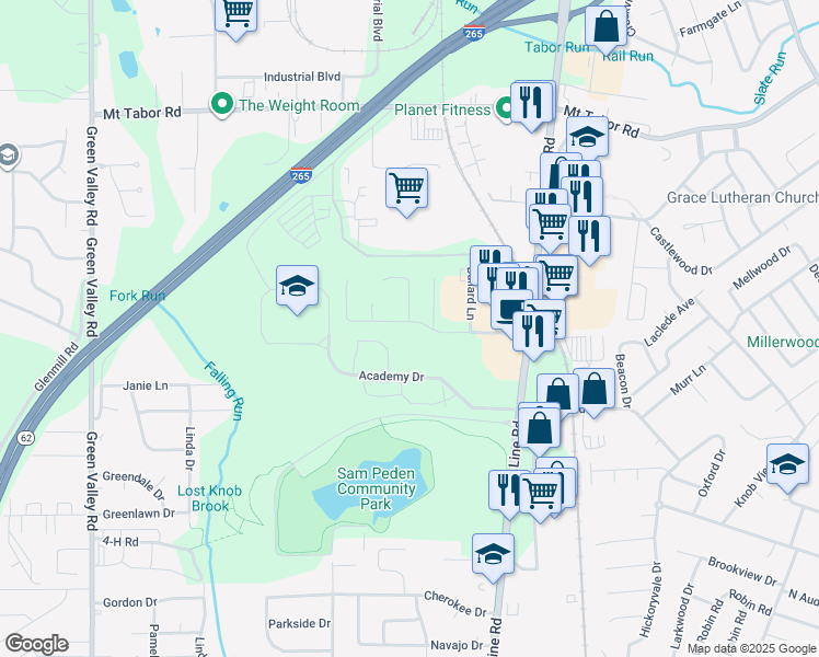 map of restaurants, bars, coffee shops, grocery stores, and more near 721 Rolling Creek Drive in New Albany