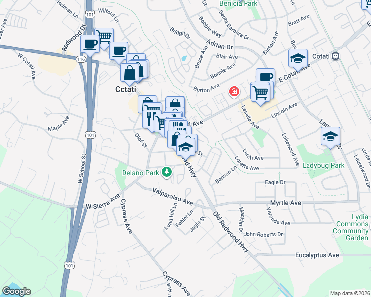 map of restaurants, bars, coffee shops, grocery stores, and more near 8 Charles Street in Cotati