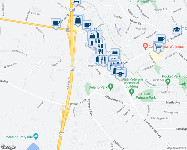map of restaurants, bars, coffee shops, grocery stores, and more near 8224 El Rancho Drive in Cotati