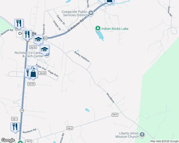 map of restaurants, bars, coffee shops, grocery stores, and more near 12 Jacob Lane in Craigsville