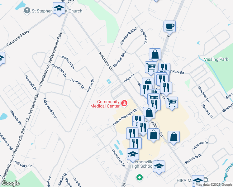 map of restaurants, bars, coffee shops, grocery stores, and more near 2930 Amanda Drive in Jeffersonville