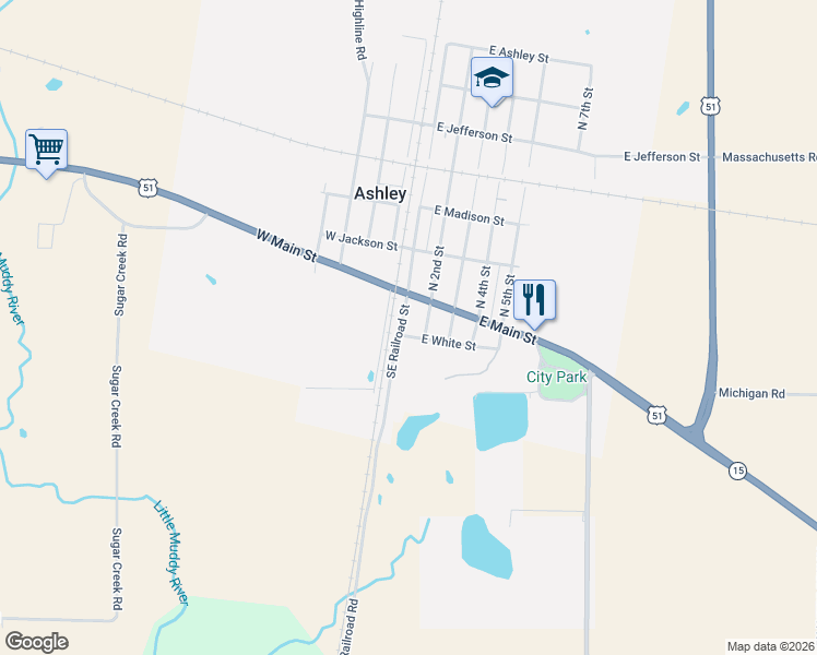 map of restaurants, bars, coffee shops, grocery stores, and more near 82 Southeast Railroad Street in Ashley