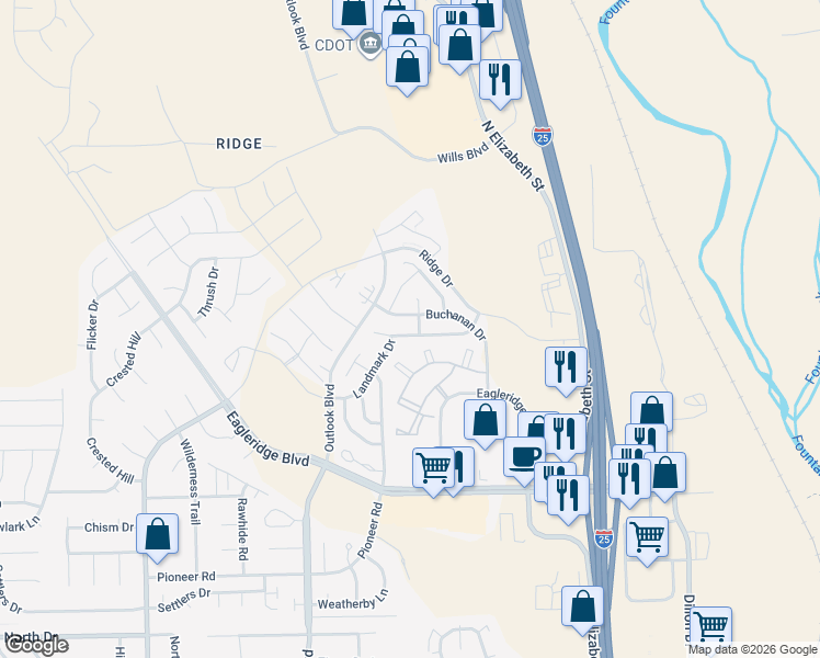 map of restaurants, bars, coffee shops, grocery stores, and more near 1128 Silverqueen Road in Pueblo
