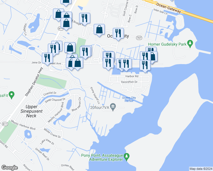 map of restaurants, bars, coffee shops, grocery stores, and more near 12710 West End Court in Ocean City