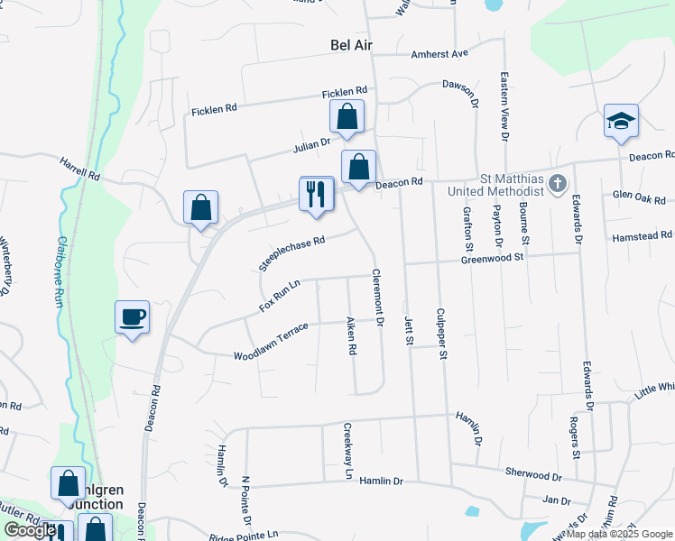 map of restaurants, bars, coffee shops, grocery stores, and more near 37 Fox Run Lane in Fredericksburg