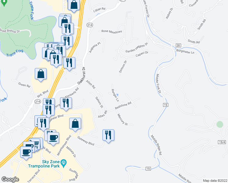 map of restaurants, bars, coffee shops, grocery stores, and more near 122 Ranger Lane in Charleston
