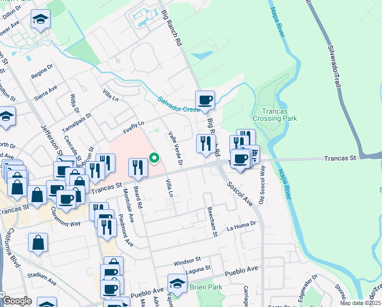 map of restaurants, bars, coffee shops, grocery stores, and more near 710 Trancas Street in Napa