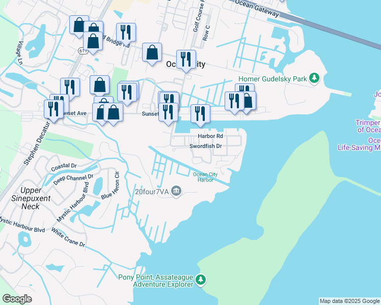 map of restaurants, bars, coffee shops, grocery stores, and more near 12962 East Hopetown in Ocean City