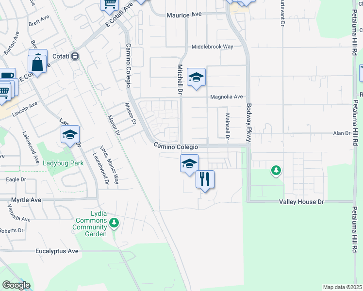 map of restaurants, bars, coffee shops, grocery stores, and more near Camino Colegio & Mitchell Drive in Rohnert Park