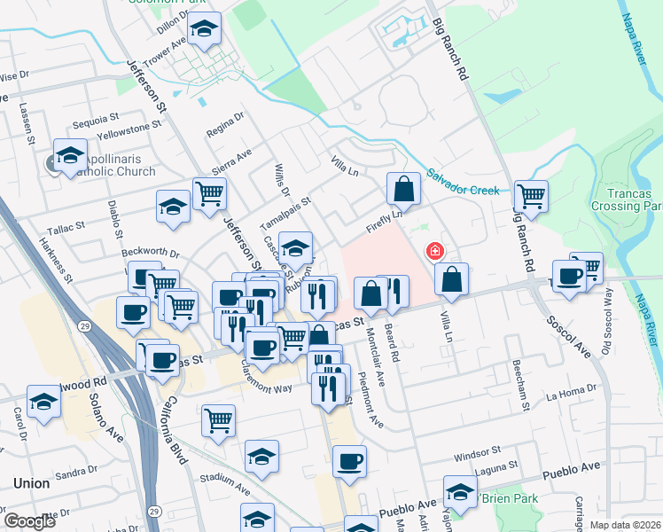 map of restaurants, bars, coffee shops, grocery stores, and more near 3476 Willis Drive in Napa