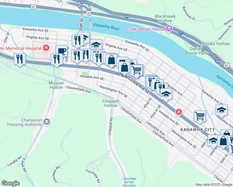 map of restaurants, bars, coffee shops, grocery stores, and more near 3813 Washington Avenue Southeast in Charleston