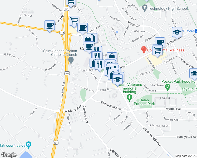 map of restaurants, bars, coffee shops, grocery stores, and more near 73 West Sierra Avenue in Cotati