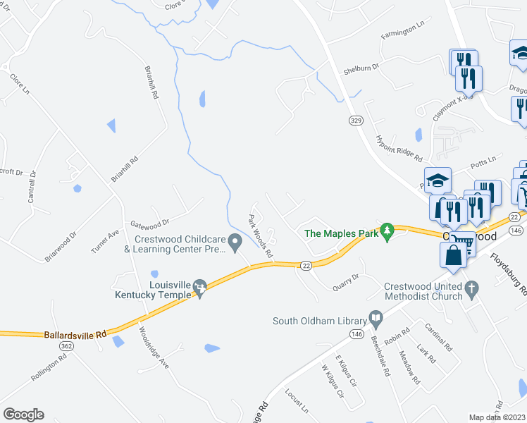 map of restaurants, bars, coffee shops, grocery stores, and more near 4007 Deer Park Circle in Crestwood