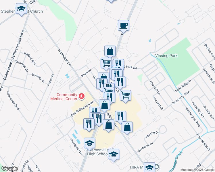 map of restaurants, bars, coffee shops, grocery stores, and more near East 10th Street in Jeffersonville