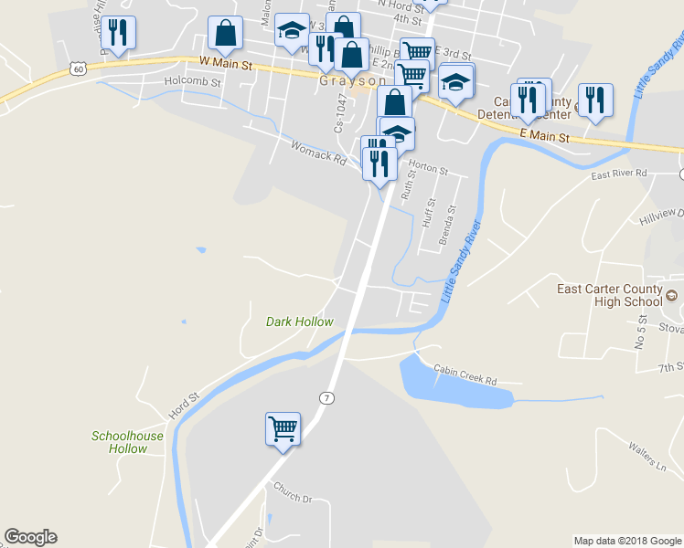 map of restaurants, bars, coffee shops, grocery stores, and more near 271 South Hord Street in Grayson