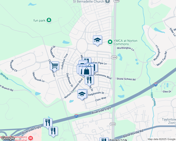 map of restaurants, bars, coffee shops, grocery stores, and more near 10701 Meeting Street in Prospect