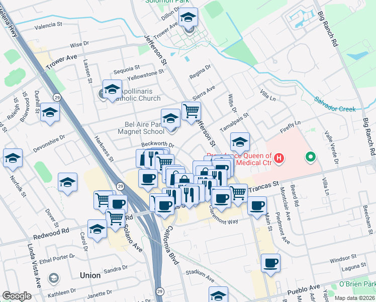 map of restaurants, bars, coffee shops, grocery stores, and more near 3518 Idlewild Avenue in Napa