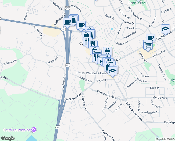 map of restaurants, bars, coffee shops, grocery stores, and more near 8200 El Rancho Drive in Cotati